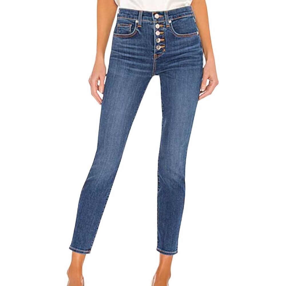 Veronica Beard Medium Blue High-Rise Skinny Jeans with Exposed Buttons